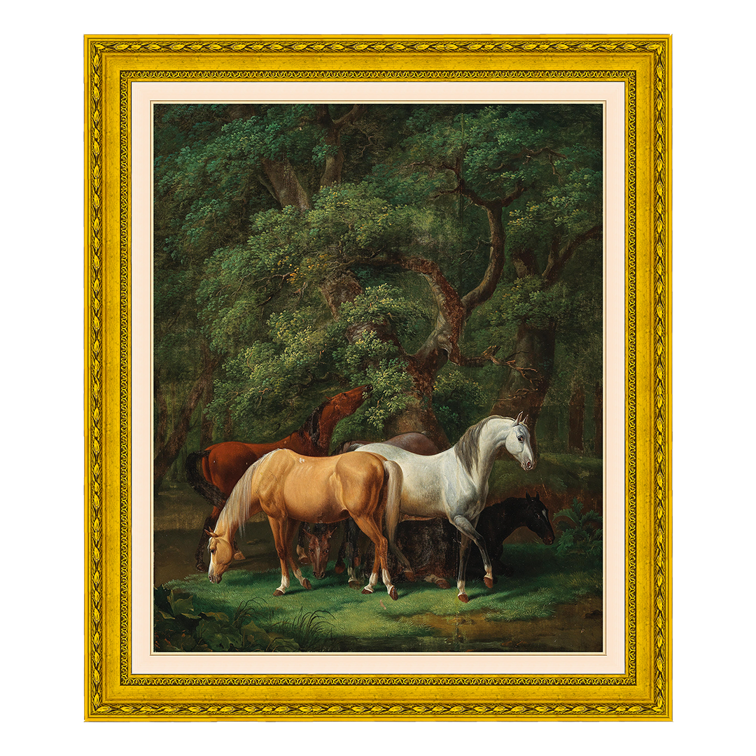 Cavalos pastando sob carvalhos - Johann Baptist Dallinger von Dalling