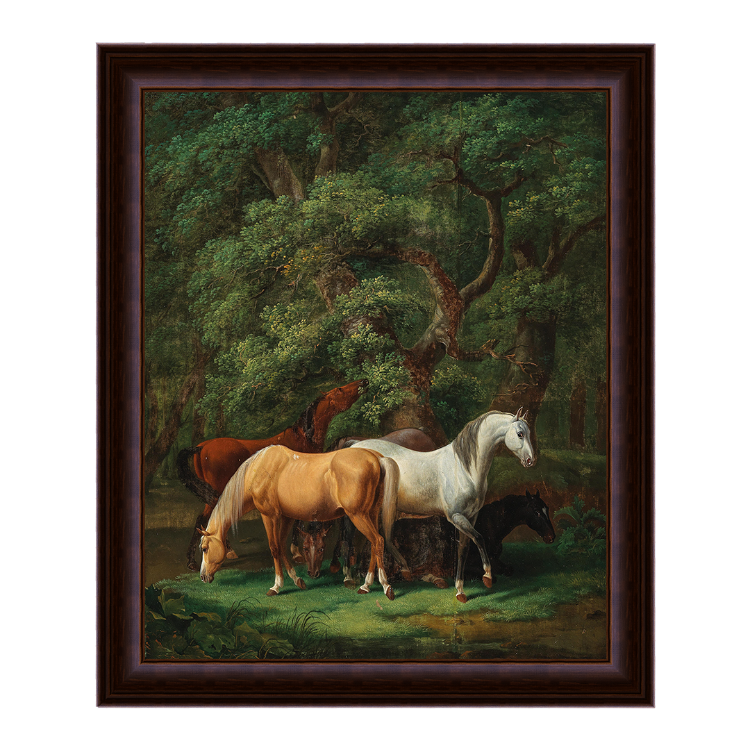Cavalos pastando sob carvalhos - Johann Baptist Dallinger von Dalling