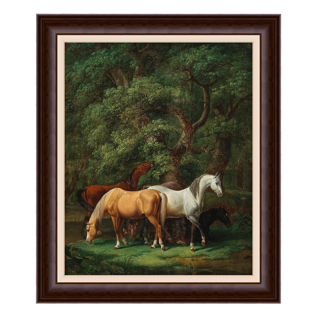 Cavalos pastando sob carvalhos - Johann Baptist Dallinger von Dalling