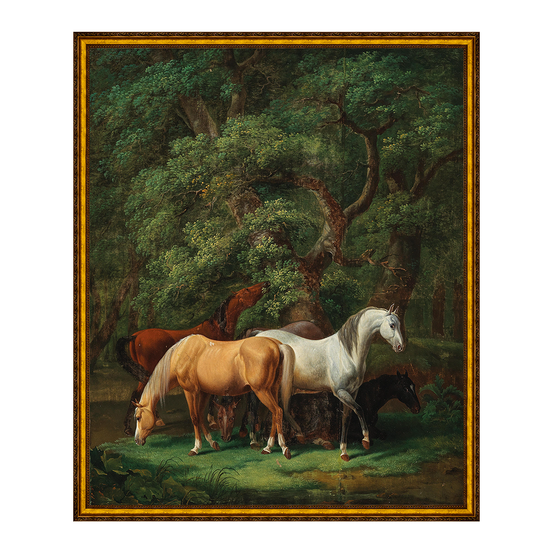 Cavalos pastando sob carvalhos - Johann Baptist Dallinger von Dalling