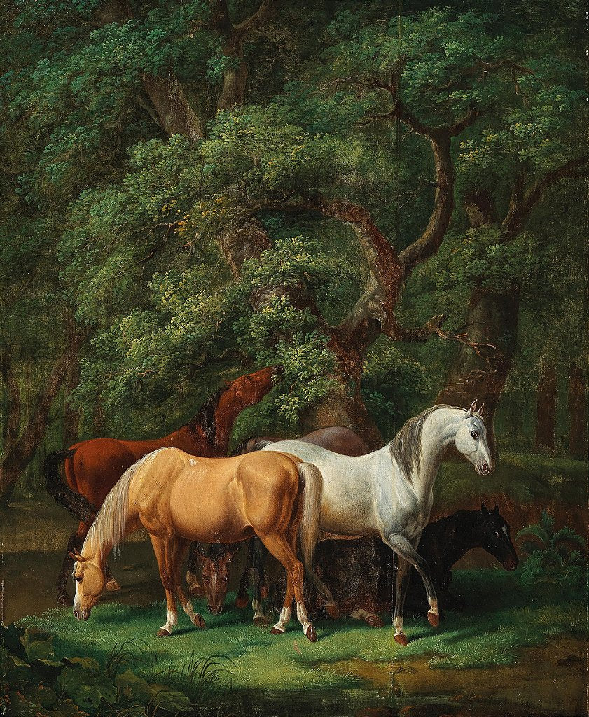 Cavalos pastando sob carvalhos - Johann Baptist Dallinger von Dalling