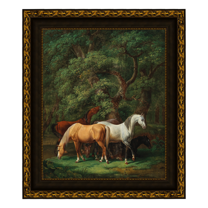 Cavalos pastando sob carvalhos - Johann Baptist Dallinger von Dalling