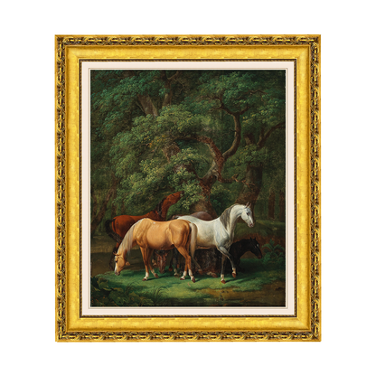 Cavalos pastando sob carvalhos - Johann Baptist Dallinger von Dalling