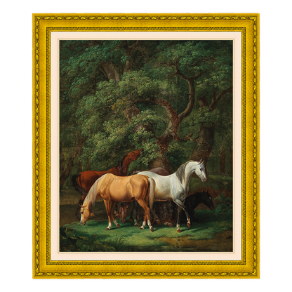 Cavalos pastando sob carvalhos - Johann Baptist Dallinger von Dalling