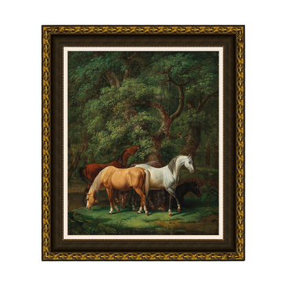 Cavalos pastando sob carvalhos - Johann Baptist Dallinger von Dalling