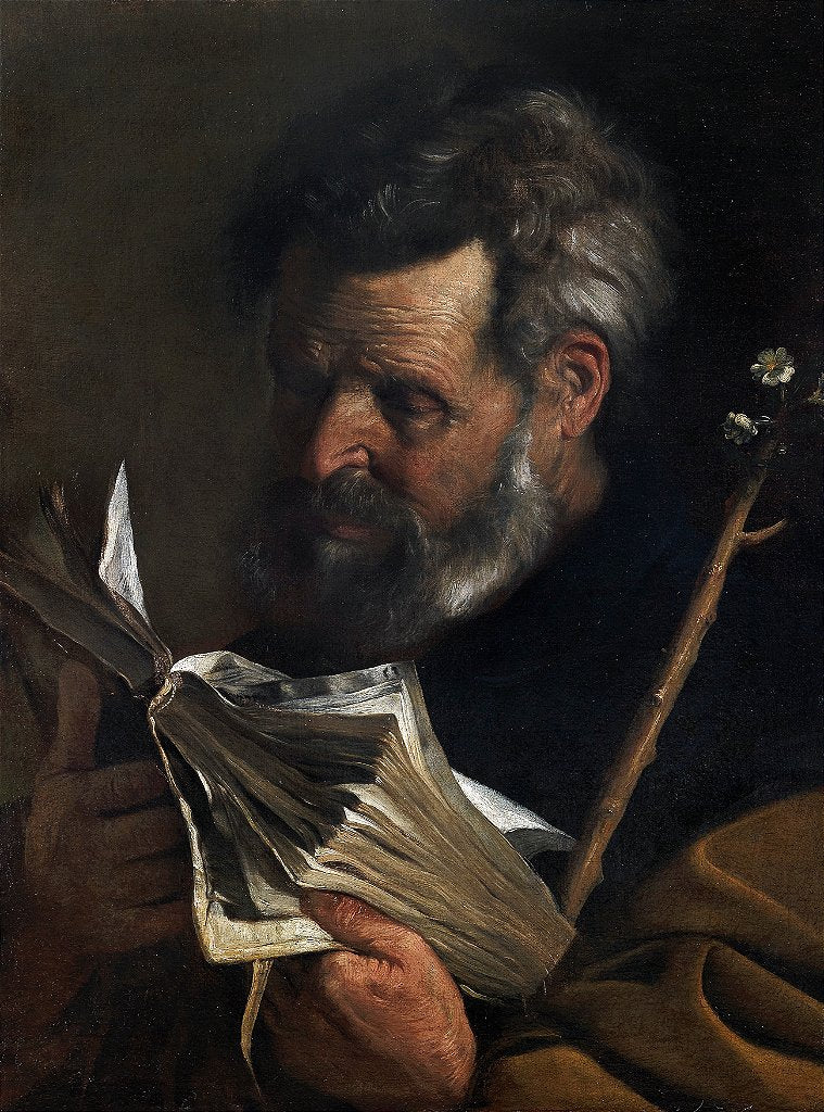 São José lendo um livro e segurando um cajado florido - Pier Francesco Mola
