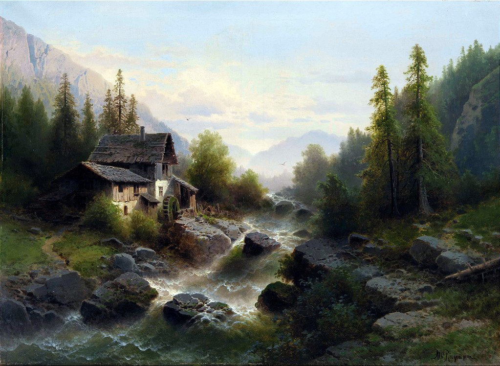 Paisagem com moinho de água em Bernese Oberland - Albert Rieger
