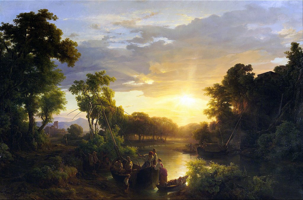 Paisagens italianas ao pôr do sol, pescadores - Károly Markó