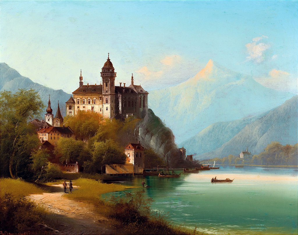 Um castelo em um lago de montanha - Johann Wilhelm Jankowsky